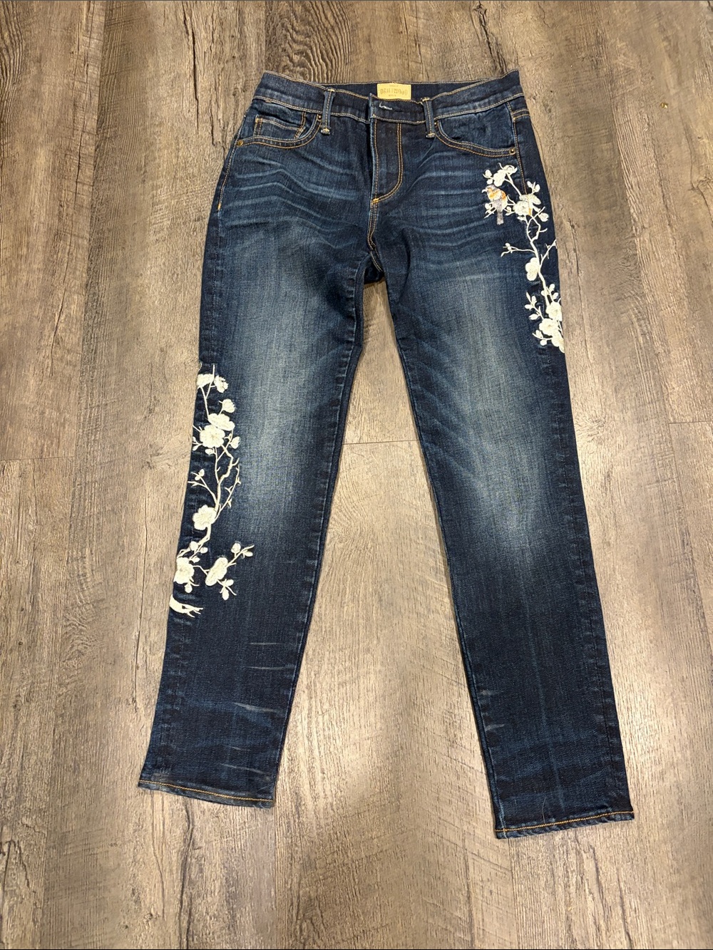 DRIFTWOOD Dark Blue Skinny Jeans with White Floral Embroidery